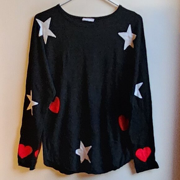 brit.ny Black Stars Hearts Scoop Neck Sweater Size Large - Picture 6 of 14